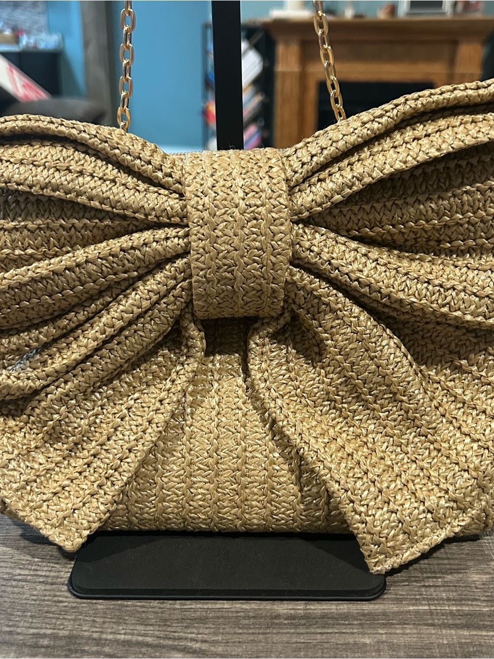 Bow Accent Woven Crossbody Bag in Natural